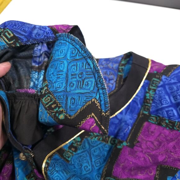 VTG 80s Colorful Blue Blouse Sz22 Glam Gold Buttons Statement Shoulder Pads 90s - Picture 14 of 16